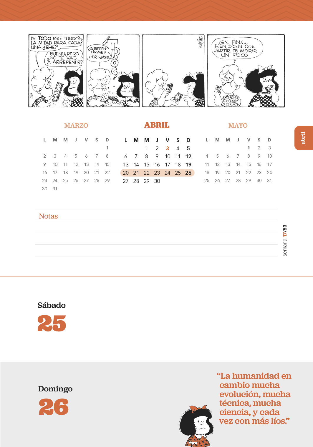 Agenda Mafalda 2026 Anillada Modulos Naranja