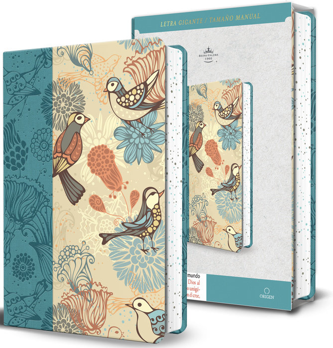 Biblia RVR 1960 letra gigante, simil azul con pajaros