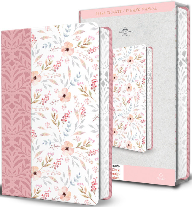 Biblia RVR 1960 letra gigante, simil piel rosada con flores