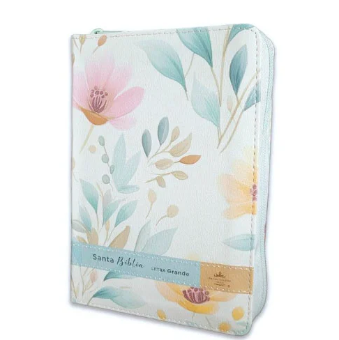 Biblia RVR60 tamaño portatil, letra grande con cierre flores sobre azul