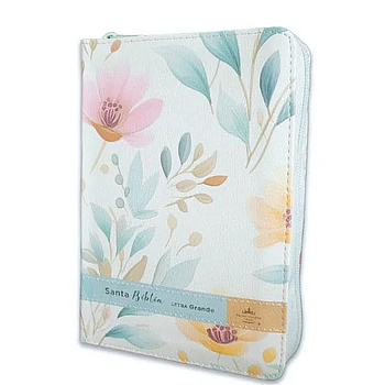 Biblia RVR60 tamaño portatil, letra grande con cierre flores sobre azul